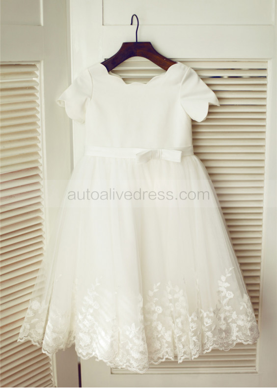 Ivory Satin Tulle Lace Scalloped Neckline Knee Length Flower Girl Dress